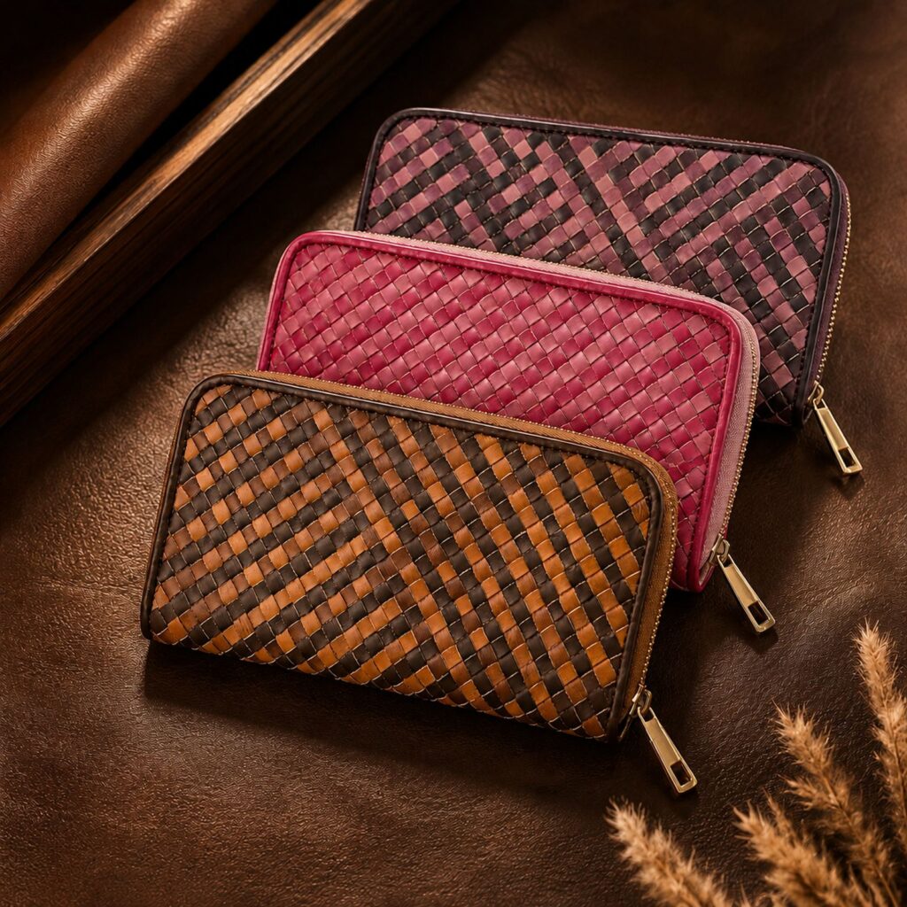 Tannor Irodori hand-woven cowhide long wallet, all three colours, Fuchsia, Cognac and Burgundy, stacked together
