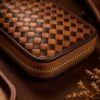 Tannor Irodori hand-woven cowhide long wallet in Cognac, close-up of the gold zip-around closure