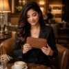 Tannor Irodori hand-woven cowhide long wallet in Cognac, front and side view