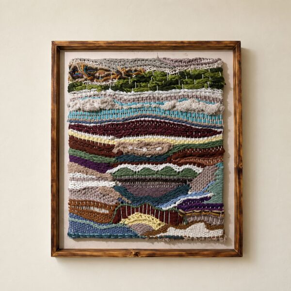 Framed contemporary abstract fiber art tapestry hanging on a wall