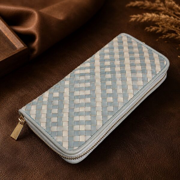 Tannor Irodori hand-woven cowhide long wallet in Cerulean, side profile hero view