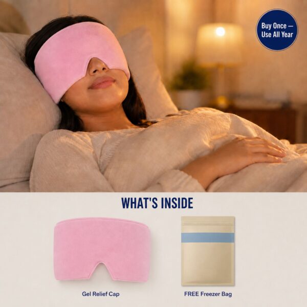 Woman resting with the pink gel cap over her eyes above a flat lay of the cap and the free freezer bag