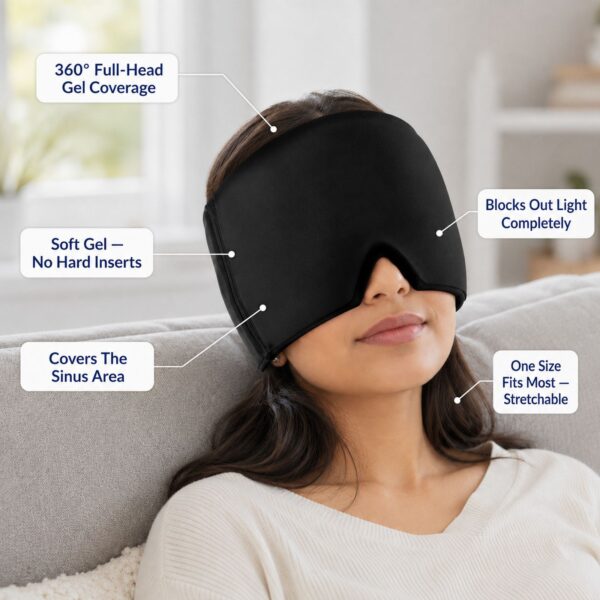 Woman relaxing on a sofa wearing the black gel cap over her eyes with callouts for 360 degree full head gel coverage