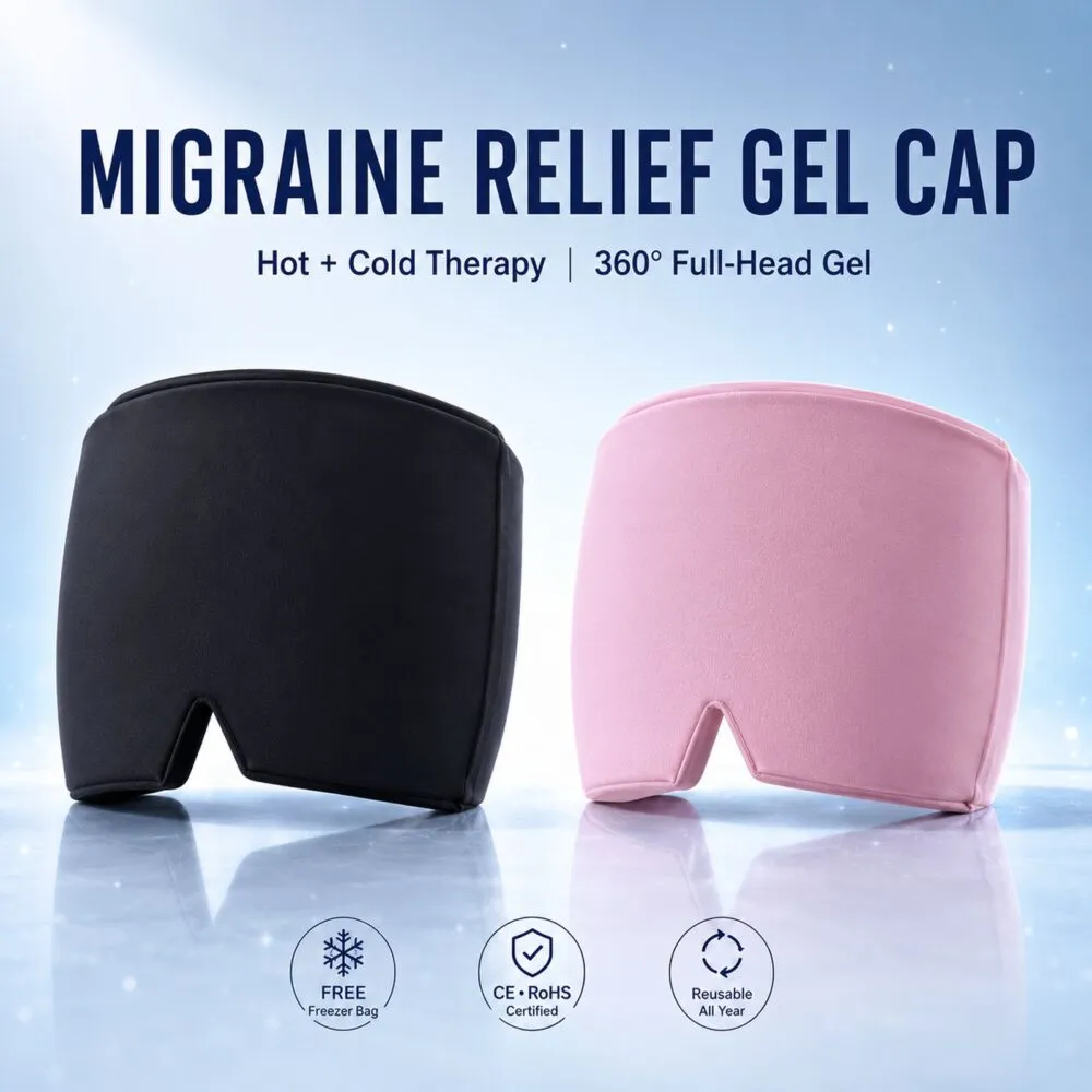 SmartPik migraine relief gel cap in black and pink with hot and cold therapy and free freezer bag badges