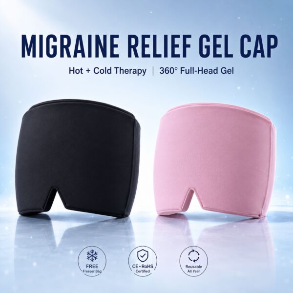 SmartPik migraine relief gel cap in black and pink with hot and cold therapy and free freezer bag badges