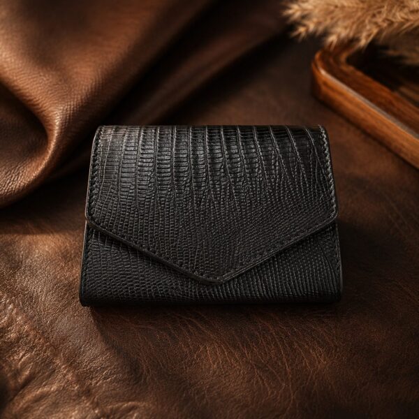 Tannor lizard-embossed leather envelope wallet in black, front view