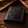 Tannor lizard-embossed leather envelope wallet in black, side profile showing the slim depth