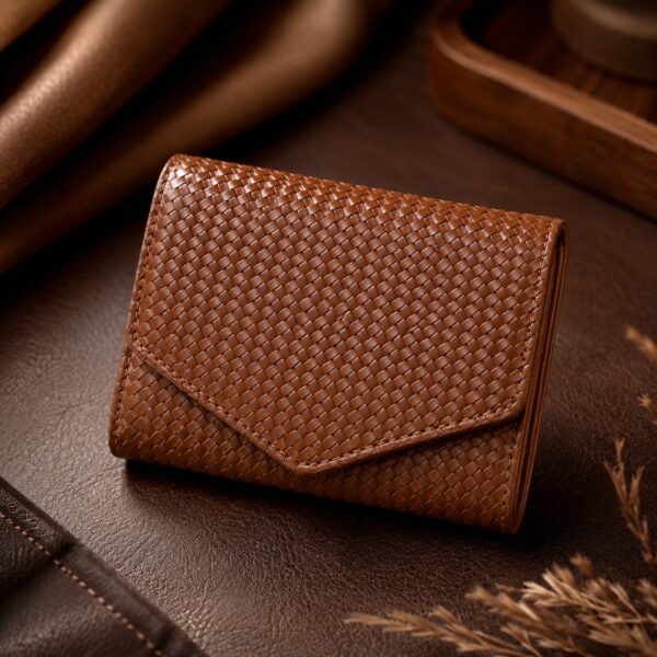 Tannor woven leather envelope wallet in chestnut brown, front view