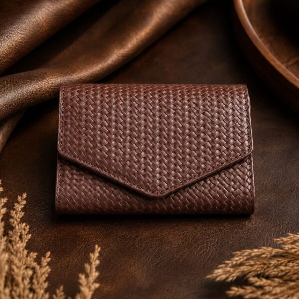 Tannor woven leather envelope wallet in dark chocolate, front view
